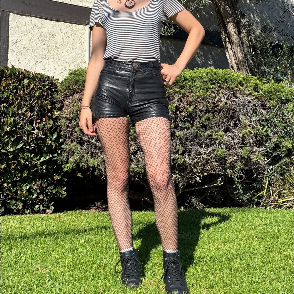 Black Leather Shorts with Lace-Up Detail